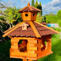 DARLUX Vogel Futter Haus XXL Futterstelle Sechseck Holz Vogelhaus Braun/ Rot Garten Vogelfutterhaus Wetterfest
