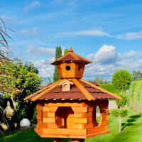 DARLUX Vogel Futter Haus XXL Futterstelle Sechseck Holz Vogelhaus Braun/ Rot Garten Vogelfutterhaus Wetterfest