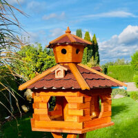 DARLUX Vogel Futter Haus XXL Futterstelle Sechseck Holz Vogelhaus Braun/ Rot Garten Vogelfutterhaus Wetterfest