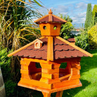 DARLUX Vogel Futter Haus XXL Futterstelle Sechseck Holz Vogelhaus Braun/ Rot Garten Vogelfutterhaus Wetterfest