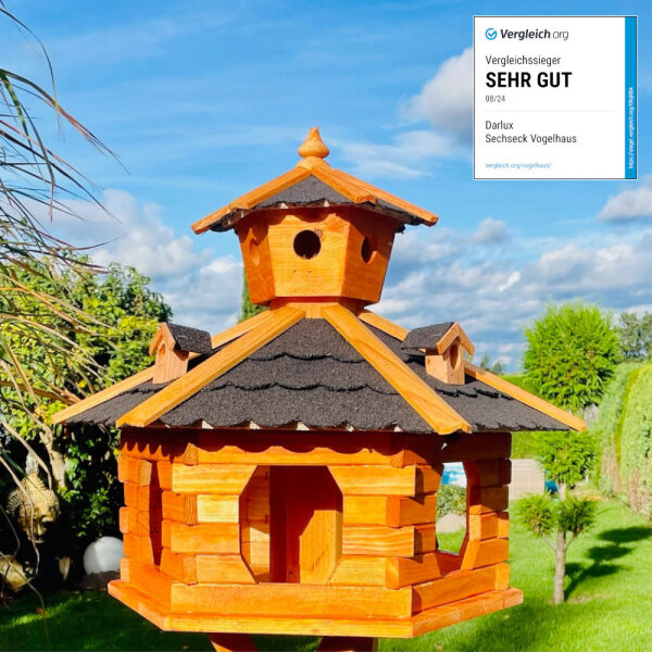 DARLUX Vogel Futter Haus XXL Futterstelle Sechseck Holz Vogelhaus Braun/ Schwarz Garten Vogelfutterhaus Wetterfest