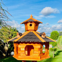 DARLUX Vogel Futter Haus XXL Futterstelle Sechseck Holz Vogelhaus Braun/ Schwarz Garten Vogelfutterhaus Wetterfest