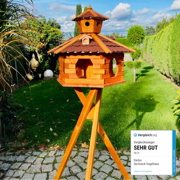 DARLUX Vogel Futter Haus XXL Futterstelle Sechseck Vogelhaus+ Ständer Braun/ Rot  Garten Vogelfutterhaus Wetterfest