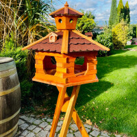 DARLUX Vogel Futter Haus XXL Futterstelle Sechseck Vogelhaus+ Ständer Braun/ Rot  Garten Vogelfutterhaus Wetterfest