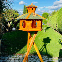 DARLUX Vogel Futter Haus XXL Futterstelle Sechseck Vogelhaus+ Ständer Braun/ Grün Garten Vogelfutterhaus Wetterfest