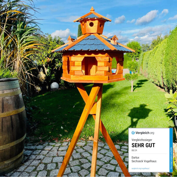 DARLUX Vogel Futter Haus XXL Futterstelle Sechseck Vogelhaus+ Ständer Braun/ Blau Garten Vogelfutterhaus Wetterfest