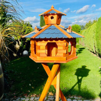 DARLUX Vogel Futter Haus XXL Futterstelle Sechseck Vogelhaus+ Ständer Braun/ Blau Garten Vogelfutterhaus Wetterfest