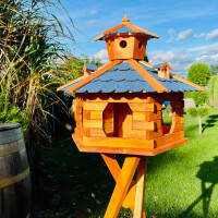 DARLUX Vogel Futter Haus XXL Futterstelle Sechseck Vogelhaus+ Ständer Braun/ Blau Garten Vogelfutterhaus Wetterfest
