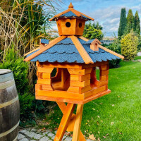 DARLUX Vogel Futter Haus XXL Futterstelle Sechseck Vogelhaus+ Ständer Braun/ Blau Garten Vogelfutterhaus Wetterfest