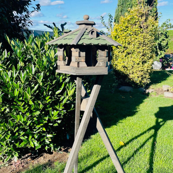 DARLUX Vogel Futter Haus L Futterstelle Sechseck Vogelhaus+ Ständer Braun/ Grün Vogelfutterhaus Wetterfest