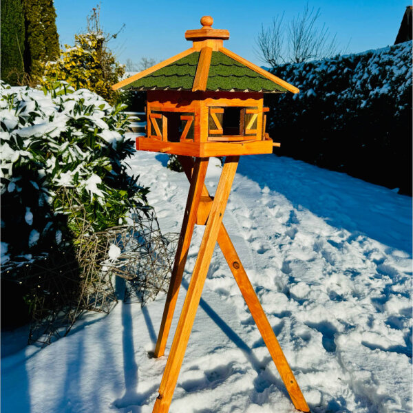 DARLUX Vogelfutterhaus XL Sechseck Vogelhaus + Ständer Futterstelle Braun/ Grün Garten Vogelfutterhaus Wetterfest