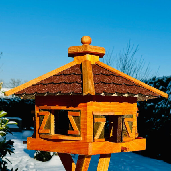 DARLUX Vogelfutterhaus XL Sechseck Vogelhaus Holz Futterstelle Braun/ Rot Garten Vogelfutterhaus Wetterfest
