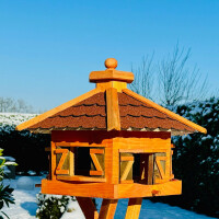 DARLUX Vogelfutterhaus XL Sechseck Vogelhaus Holz Futterstelle Braun/ Rot Garten Vogelfutterhaus Wetterfest