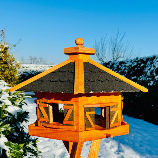 DARLUX Vogelfutterhaus XL Sechseck Vogelhaus Holz Futterstelle Braun/ Schwarz Garten Vogelfutterhaus Wetterfest