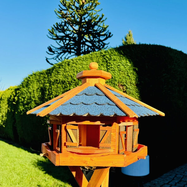 DARLUX Vogelfutterhaus XL Sechseck Vogelhaus Holz Futterstelle Braun/ Blau  Garten Vogelfutterhaus Wetterfest