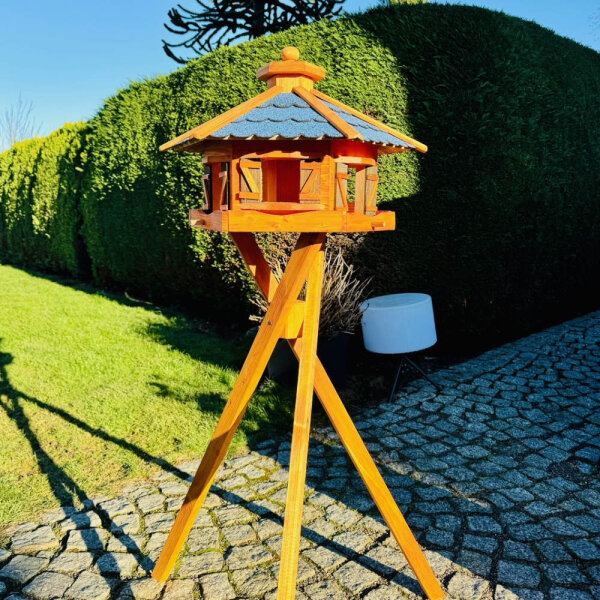 DARLUX Vogelfutterhaus XL Sechseck Vogelhaus + Ständer Futterstelle Braun/ Blau Garten Vogelfutterhaus Wetterfest