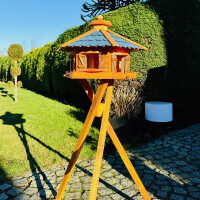 DARLUX Vogelfutterhaus XL Sechseck Vogelhaus + Ständer Futterstelle Braun/ Blau Garten Vogelfutterhaus Wetterfest
