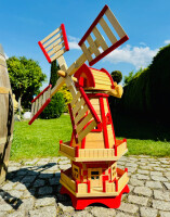 DARLUX Sechseck Doppelstock-Garten-Windmühle aus Holz Natur/ Rot Höhe 93 cm