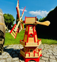 DARLUX Sechseck Doppelstock-Garten-Windmühle aus Holz Natur/ Rot Höhe 93 cm