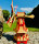 DARLUX Sechseck Doppelstock-Garten-Windmühle aus Holz Natur/ Rot Höhe 93 cm